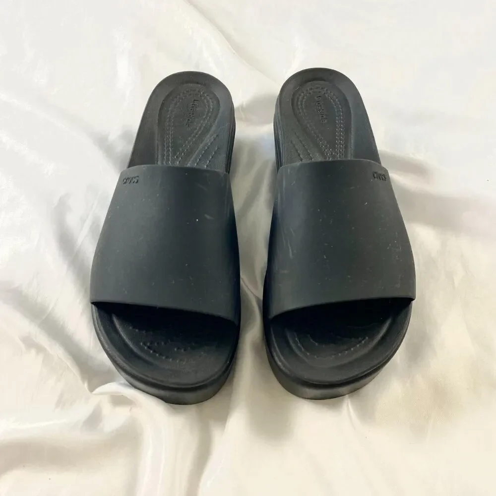 Chunky Black Crocs Platform Slide Sandals 208728 Brooklyn Slide US 7 W Wide Fit